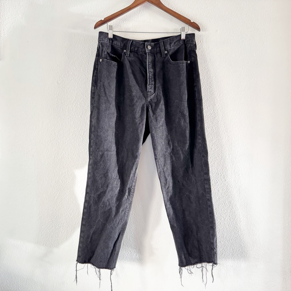 OLD NAVY Sky-Hi Straight Jeans Size 12 Extra High Rise Black Raw Hem Button Fly - Picture 2 of 16
